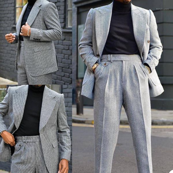 

men's suits & blazers 2 pieces men houndstooth wool double breasted high waist pant customized handsome party coat+pant, White;black