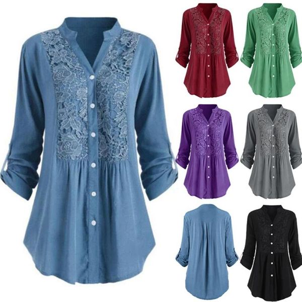 

2021 office lady solid color v neck lace stitching buttons down plus size women shirt, White
