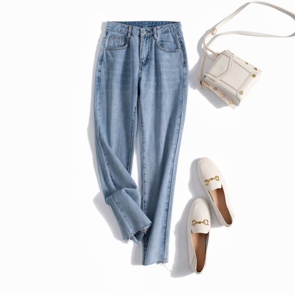 

jeans m4983 - korean women's clothing spring and autumn 2021 high waist thin flannel denim straight pants for women, Blue