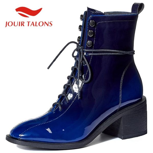 

boots jouir talons shoes brand pigskin patent leather round toe cross-tied square thick heels autumn ankle, Black