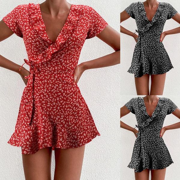 

casual dresses fashion women dress chiffon ruffle short sleeve printed bandage v-neck women's summer sundress #g2, Black;gray