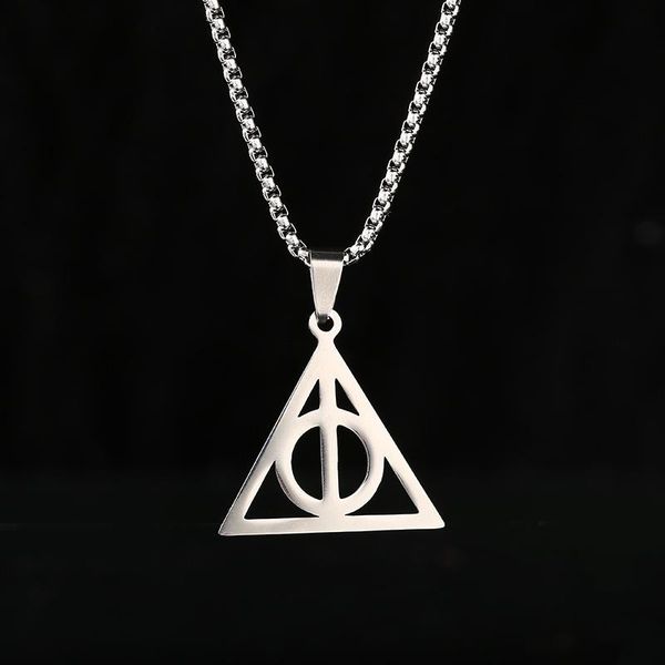 

pendant necklaces stainless steel movie deathly hallows necklace retro triangle round long sweater chain for men women, Silver