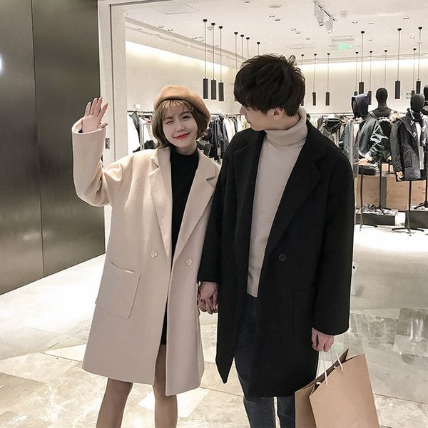 

men women couple windbreaker winter men's loose lamb wool coat mid-length woolen coat warm black khaki sheep fur overcoat