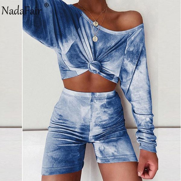 

nadafair tie dye short set women outfits casual long sleeve tshirt and biker shorts streetwear tracksuits two piece set women, Gray