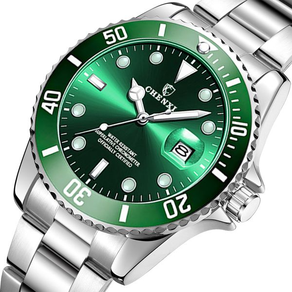 

luxury men watches classic green silver stainless steel waterproof casual business male sport wristwatch japan movement calendarg, Slivery;brown