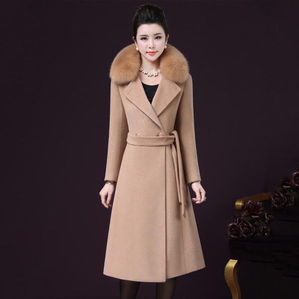 

women's wool & blends kmetram winter jacket women fashion woolen coat female faux fur collar long clothes 2021 plus size 4xl 956, Black