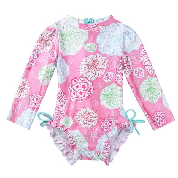

one-piece suits infant baby girls swimwear long sleeves floral printed back zipper swimsuit bathing suit rash guard sz 0-24 months