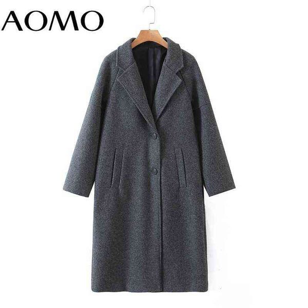 

aomo women winter gray thick woolen coats with button loose long sleeves pocket ladies elegant overcoat 2z18a 211118, Black
