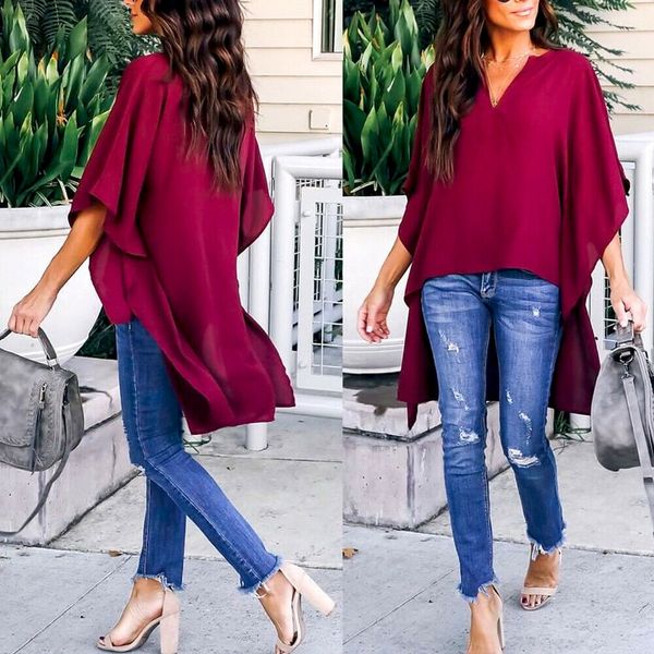 

women summer elegant irregular v-neck chiffon blouses soft tunic casual solid breathable half batwing sleeve shirts, White