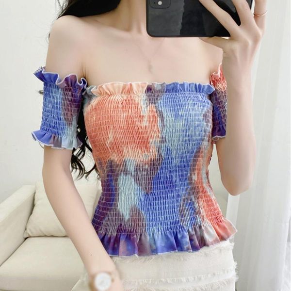 

women's blouses & shirts jlong women tie-dyed slash neck summer korean sweet exposed navel short sleeve, White