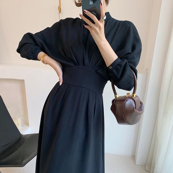 

women vintage french style a-line party midi dress long batwing sleeve elegant casual dress spring new fashion vestidos, Black;gray