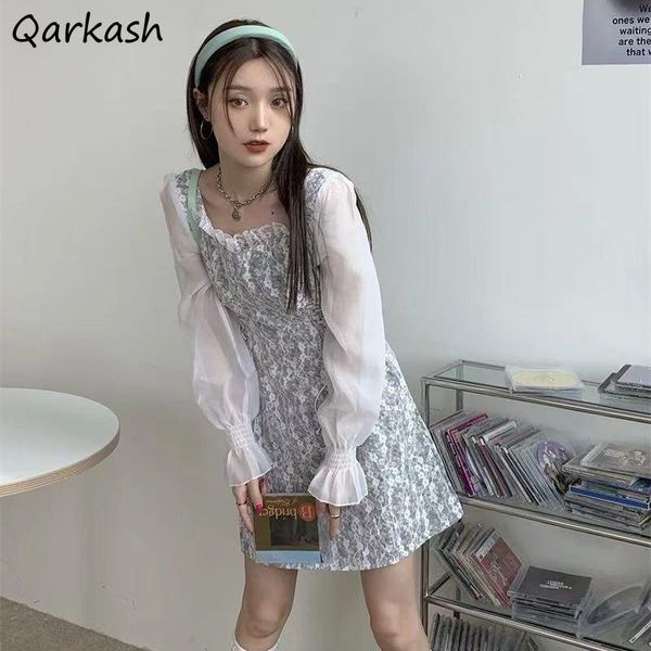 Casual Kleider Kleid Frauen Süße Blumen Sommer Fee Spitze Patchwork Mesh Langarm Elegante Teen Mädchen A-linie Sexy Quadrat Kragen streetwear