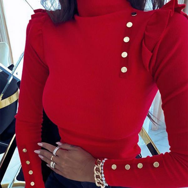 

women's t-shirt casual 2021 women fashion clothing kintted autumn sweaters buttons buffles turtleneck bodycon sweater ribbed red outfit, White