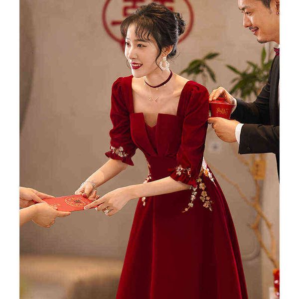 

luxury party evening dress toast bride's wine red evening long style slim 2021 autumn and winter elegant, Black