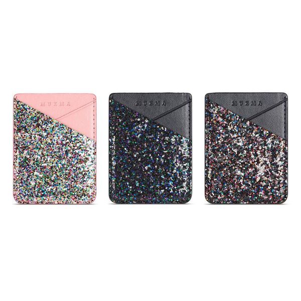 

card holders fashion women men sequins holder cell phone leather wallet pocket sticker adhesive pouch case 3 styles, Brown;gray