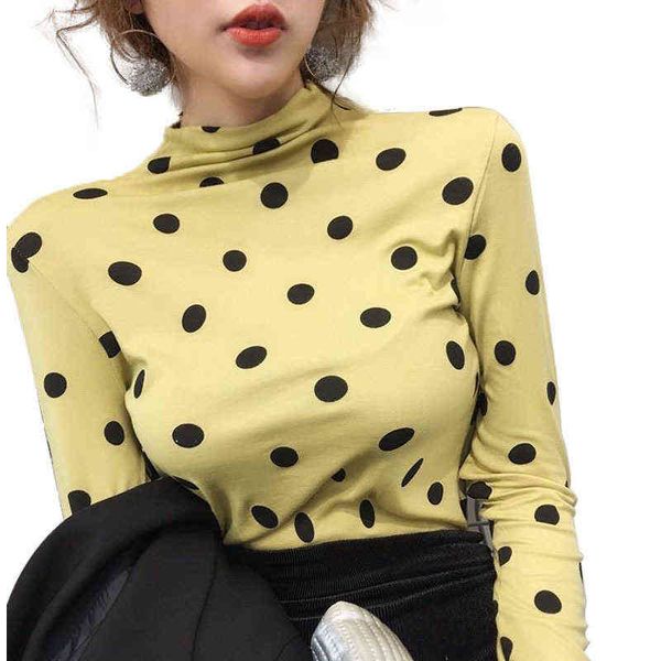 

women's sweaters combed cotton plush non plush half high neck wave dot long sleeve t-shirt spring slim bottomed shirt top, White;black