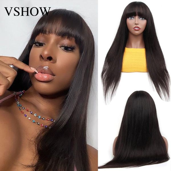 

lace wigs human hair straight wig for women peruvian with bang machine made sew in natural black glueless, Black;brown