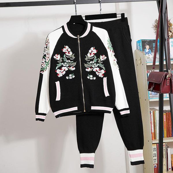 

embroidered flowers baseball uniform knit sweater set long sleeve sweater coat pencil pants outfits casual knitted sets female, White