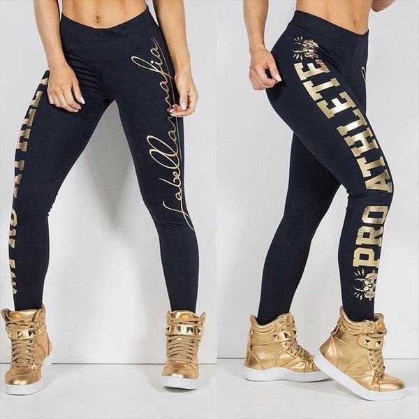 

30h sports gym mid womens legging waist letter printing pants fitness elastic long ropa de mujer, Black