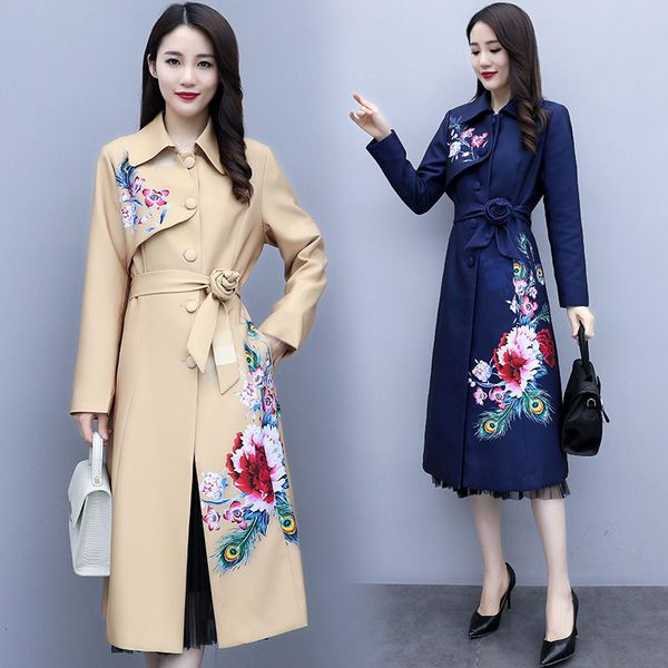 

2021 women spring autumn new fashion trench coat female print single breasted outwear with belt lady casual slim windbreaker l18x7md, Tan;black