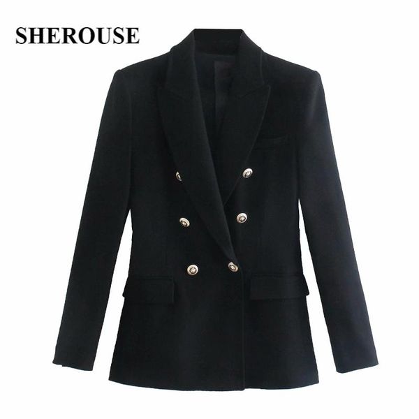 

women's suits & blazers sherouse 2021 women fashion with pockets double breasted solid blazer long sleeve notched neck vintage female c, White;black