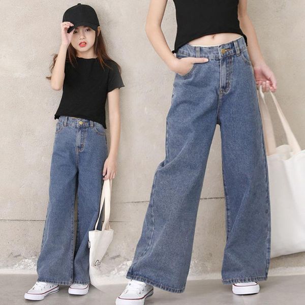 

jeans spring autumn kids girls vintage retro loose straight pants teenage low waist wide leg denim children clothes x116, Blue