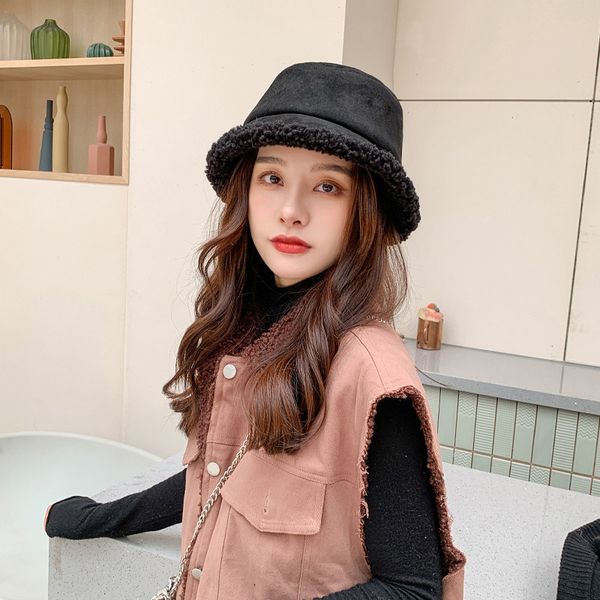 

women winter faux fur bucket hat ear protector fisherman outdoor sunscreen sun hat panama big wide visor vintage warm flat hat, Black;white