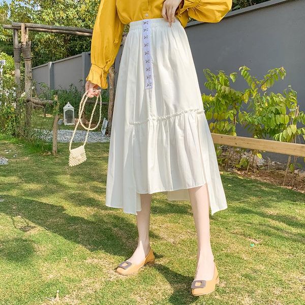 

2021 new high waist slim elastic waist solid color bow oblique stitching large swing mid-length skirt early spring women, Black