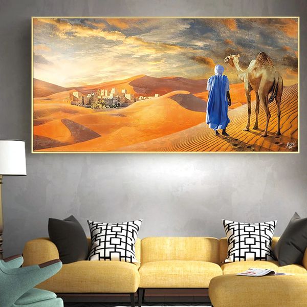 Dipinto orientale Tuareg nella decorazione del paesaggio del deserto - Poster e stampe su tela Pittura da parete per l'arredamento del soggiorno