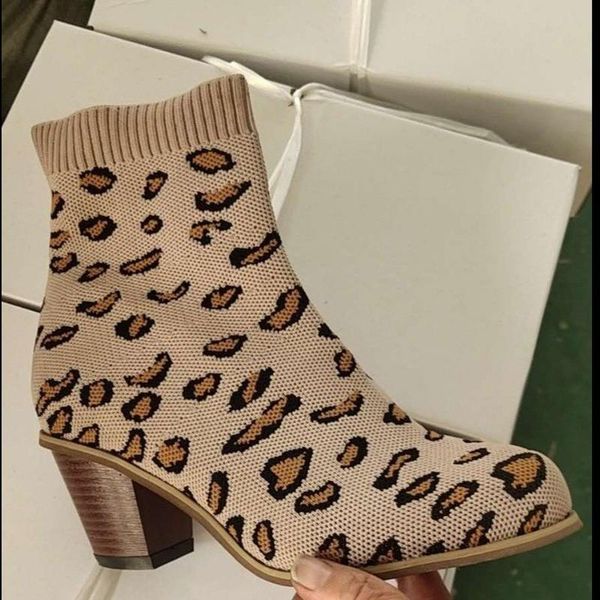 

boots women shoes knitting ankle boot leopard print pointed toe slip high heel lady shoe autumn, Black