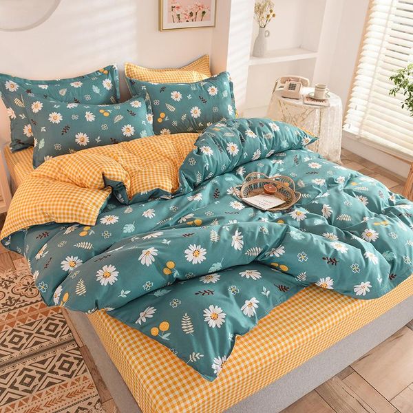 

bedding sets 3/4pcs set yellow plaid sheet with green flowered polyester fiber quilt cover fashion home textile oceania