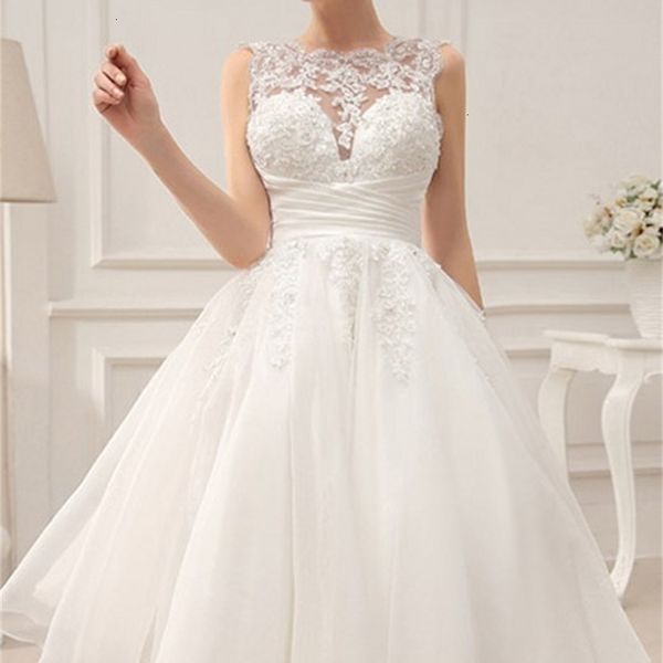 

new short 2021 es vintage 1950' bridal gown backless lace beading pleated sequins illusion wedding reception su89, White