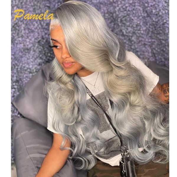 

lace wigs hd frontal grey human hair wig colored body wave for black women 26 28inch brazilian preplucked 6 inch parting, Black;brown