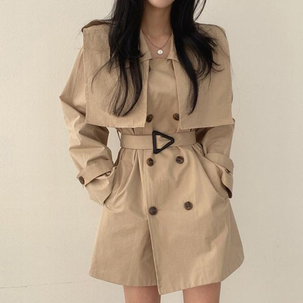 

women's trench coats [ewq] korea chic khaki coat autumn 2021 laple loose lace up waist double breasted long sleeve windbreaker, Tan;black