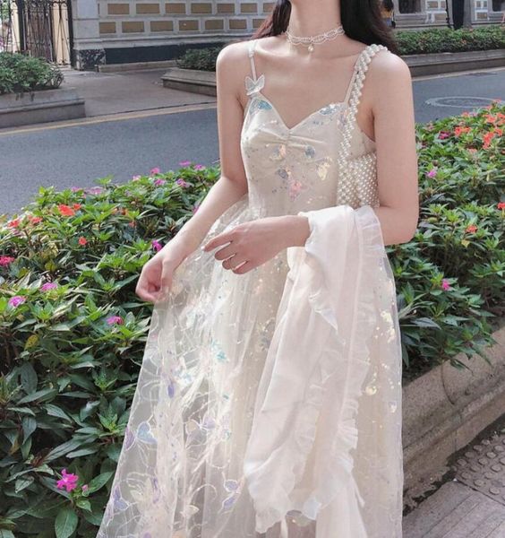 

casual dresses nonsar fairy elf princess sling dress butterfly printed mesh material lady retro sleeveless female summer 2pcs, Black;gray