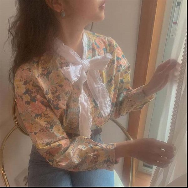 

women blouses retro office lady ruffles lace up 2021 high street fresh vintage elegant girls shirts female chic, White