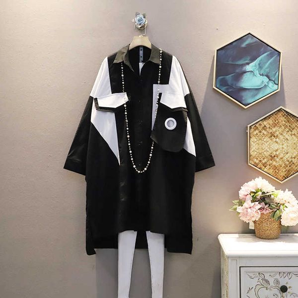 

spring fashion contrast turn down collar loose plus size medium length full shirts cardigan 210615, White