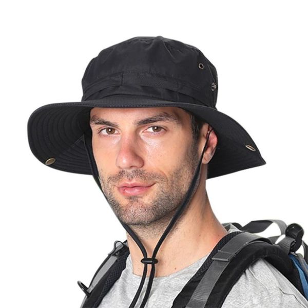 

outdoor hats bucket hat water resistant quick drying adjustable sunshade fisherman cap with chin string fishing climbing, Black;white