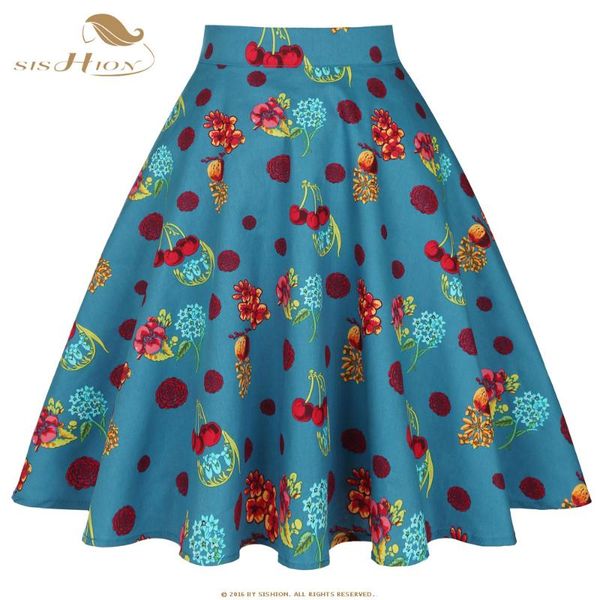 

skirts sishion 50s 60s cotton cherry floral print swing retro vintage skirt vd0020 2021 high waist faldas summer women, Black