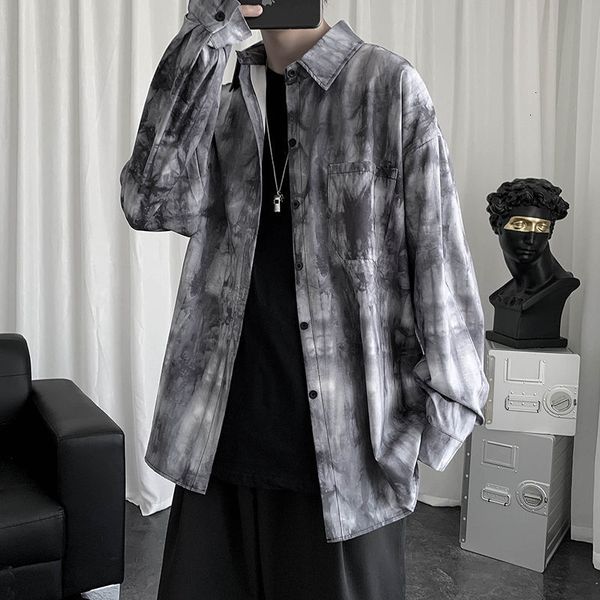 

2021 spring tie-dye men's fashion printing retro casual shirt men streetwear long-sleeved shirts mens m-2xl smcz, White;black