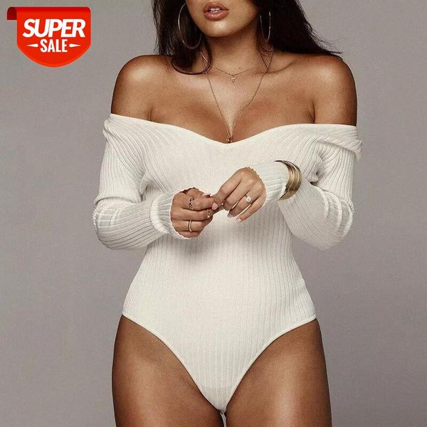 

New Fashion Women Knit Sexy Long Sleeve Short Romper Off Shoulder Jumpsuit Stretch Bodysuit Leotard Ribbed Top Blouse #cI72, White