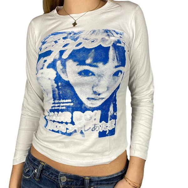 

women's t-shirt women long-sleeved with female head pattern street style slim fit navel t-shirts summer autumn clothing retro, White