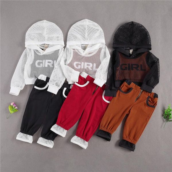 

fall kids girls 3-piece outfit set sleeveless letter print mesh hooded coat+pants set tracksuit 2021, White