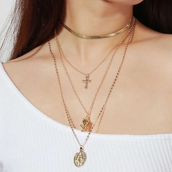 

jewelry fashion personality trend exaggeration cross multi-layer pendant clavicle necklace, Silver