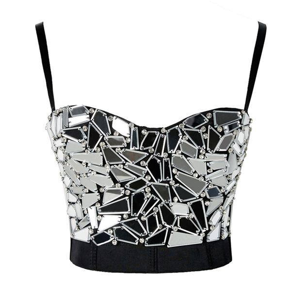 Mulheres Verão Sexy Rave Outfit Espartilho com Rhissestones Silver Lantejoula Glitter Colheita Top Strass Goth Festival Roupas Drop 210623