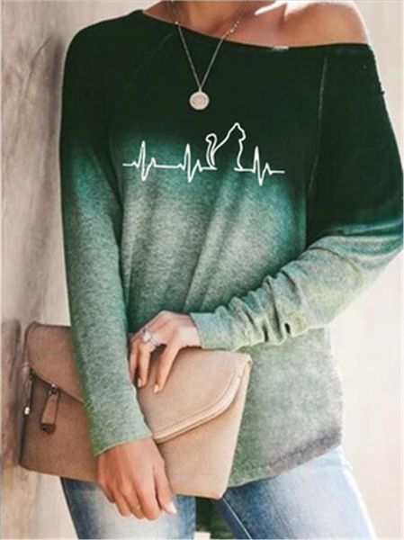 

womens ecg pattern t-shirt fashion trend gradient long sleeve tee female spring new crew neck loose casual tshirts clothing, White