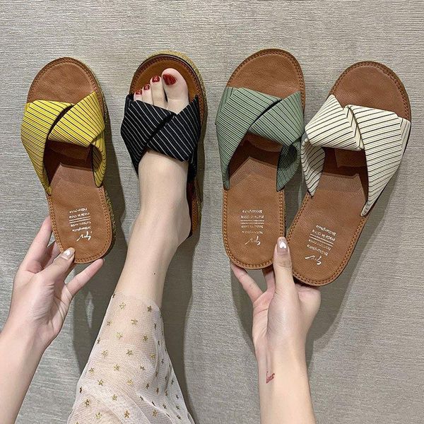 

slippers one word sandals 2021 women cross straps chaussure femme summer beach soft soled shoes cloth stripes, Black
