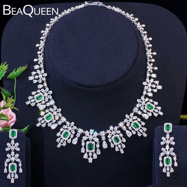 BeaQueen Grüner Zirkonia Kronleuchter Ohrringe und Halskette Big Dubai Brautschmuck Sets Frauen Hochzeit Zubehör JS207 H1022