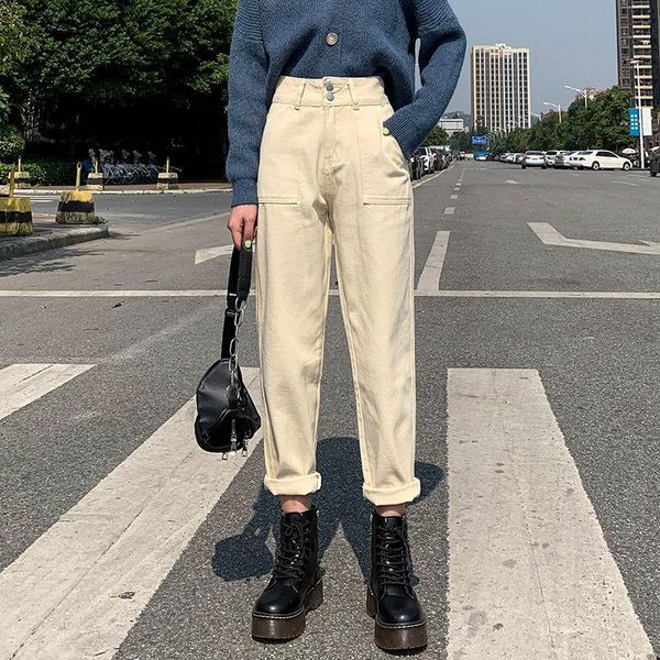 

woman jeans pants high waist straight loose spring ladies, Blue
