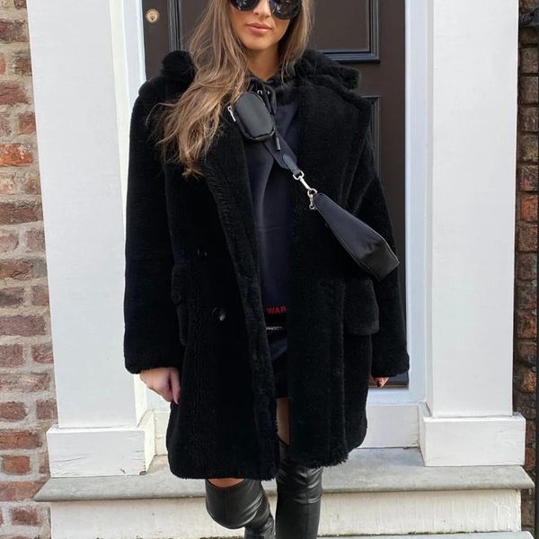 

women's fur & faux candy color long teddy coat women jacket autumn winter thick warm padded jackets coats oversized ladies lambswool, Black